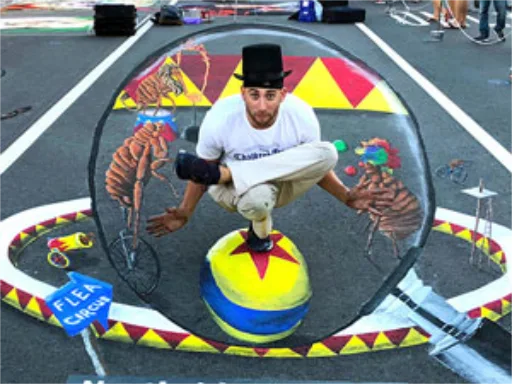 vintage flea circus themed 3D chalk art photo-op
