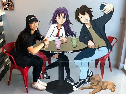 3D chalk art Sharetea bubble tea shop dr photo-op scene