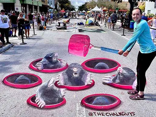 Whac-a-mole arcade game 3D chalk art