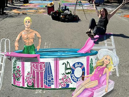 Barbie pool party themed 3D chalk art photo-op