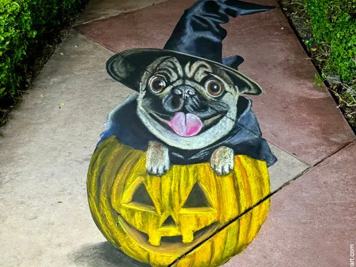 pug jack-o-lantern Halloween 3D chalk art