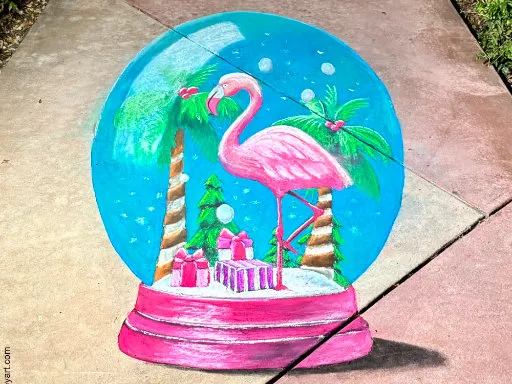 flamingo winter snow globe 3D chalk art