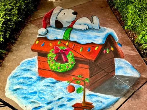 3D chalk art of Snoopy from A Charlie Brown Christmas