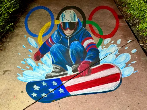 3D chalk art of olympic snowboarder.