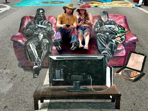Interactive 3D painted art of Luke Skywalker and Darth Vader playing video games together on a red couch with Grogu.