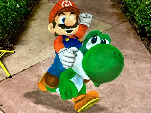 3D chalk art of video game characters Mario riding on the back of Yoshi.